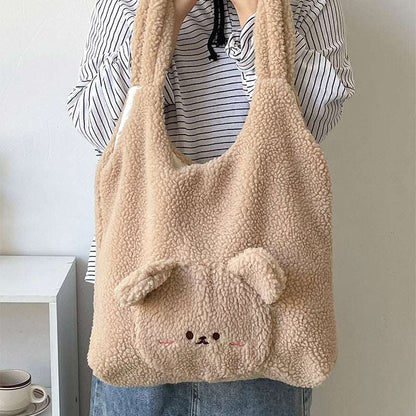 Personalized Bag For Women 3D Cartoon Bear Lamb Wool Shoulder Bag Winter High Capacity Daily Shopping Bags Girls College Style Handbags