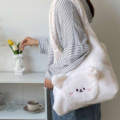 Personalized Bag For Women 3D Cartoon Bear Lamb Wool Shoulder Bag Winter High Capacity Daily Shopping Bags Girls College Style Handbags