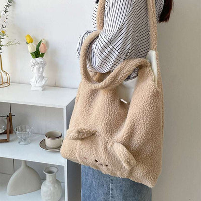 Personalized Bag For Women 3D Cartoon Bear Lamb Wool Shoulder Bag Winter High Capacity Daily Shopping Bags Girls College Style Handbags