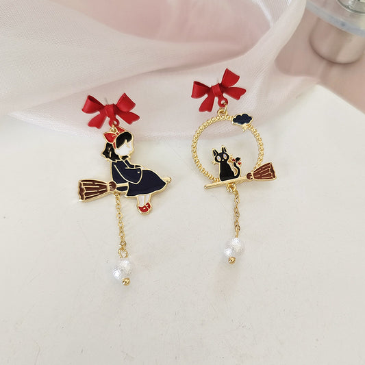 Bow cartoon character cat earrings, personalized and creative street photography drip oil earrings